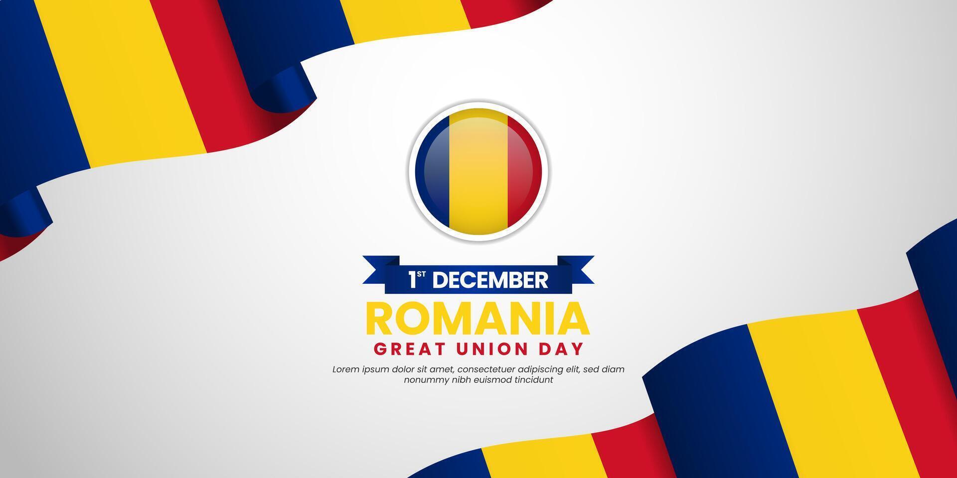 Romania great union day greeting card, banner background template with national waving flag vector