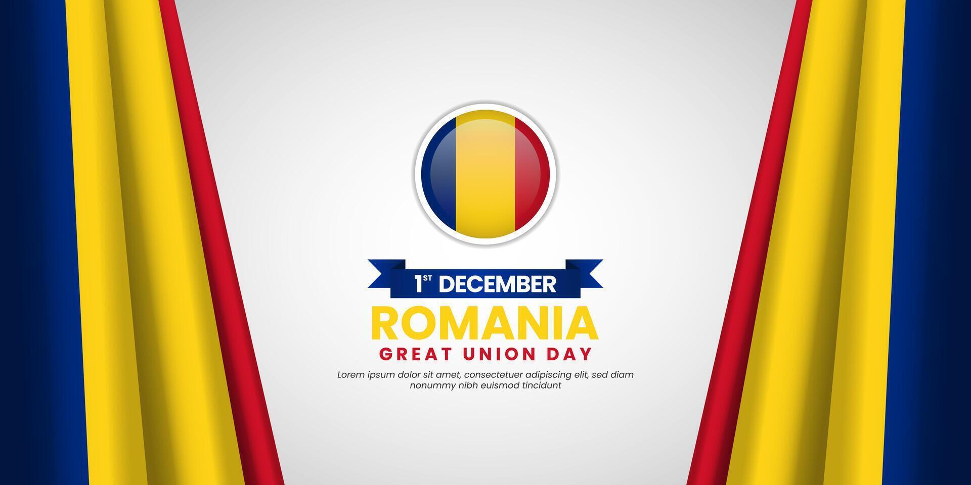 Romania great union day greeting card, banner background template with national waving flag vector