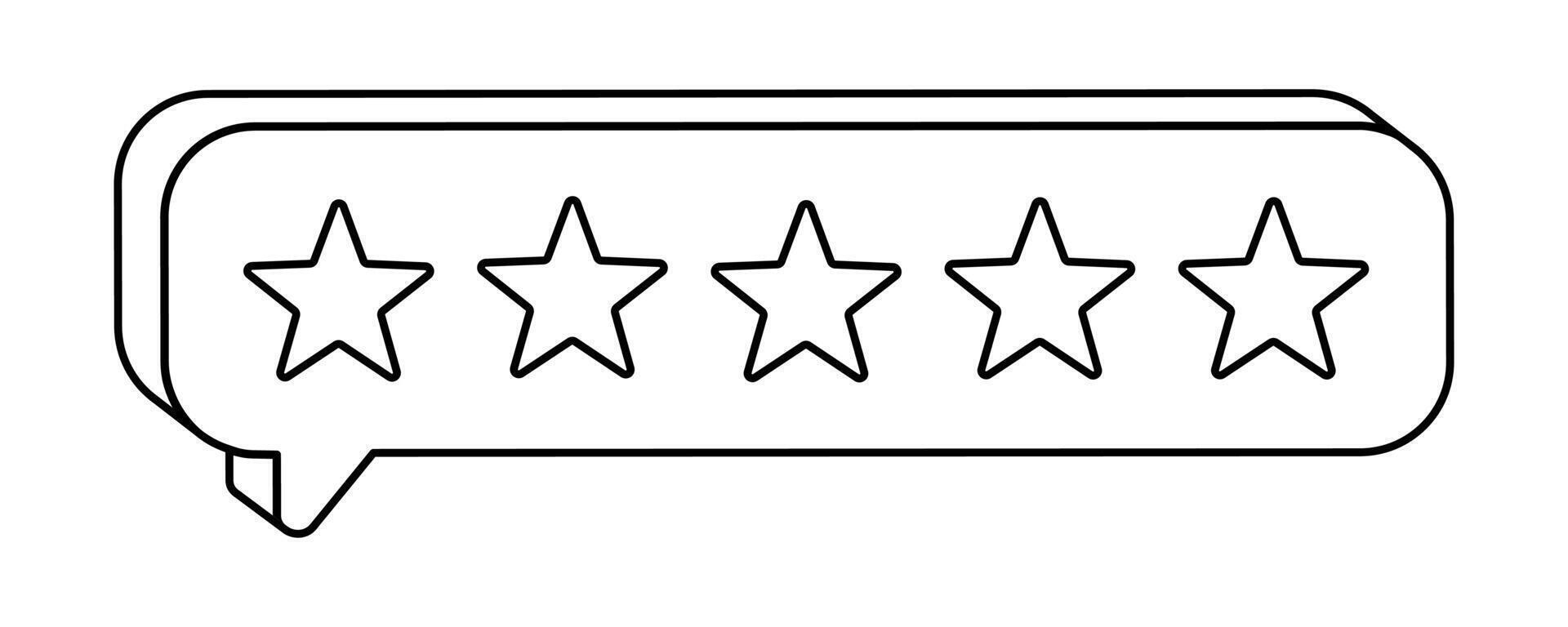 Hand drawn cute outline illustration of speech bubble with five rating stars. Flat customer positive feedback line art doodle. Online review sticker. Client satisfaction. Best quality. Isolated vector