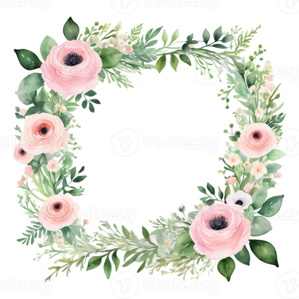 Watercolor floral frame with pink flowers png