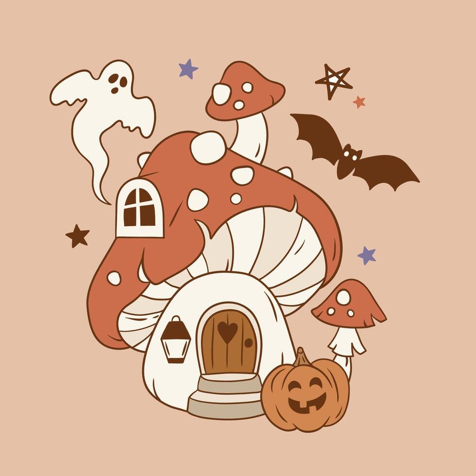 Hand drawn cute Halloween mushroom house with ghost and bat. Perfect for tee shirt logo, greeting card, poster, invitation or nursery print design. EPS 10 file. vector
