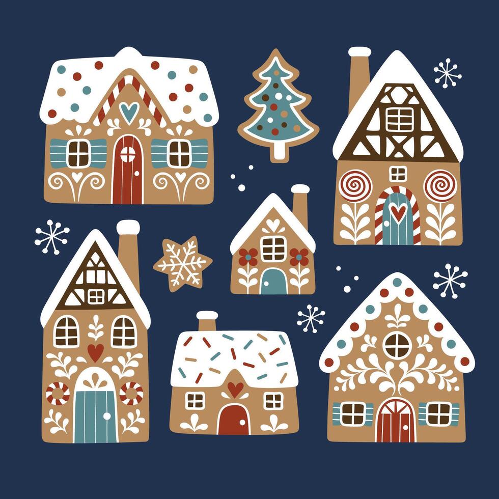 Set of hand drawn gingerbread houses and Christmas cookies. Snowy winter village icons. Perfect for sticker or nursery print design. vector
