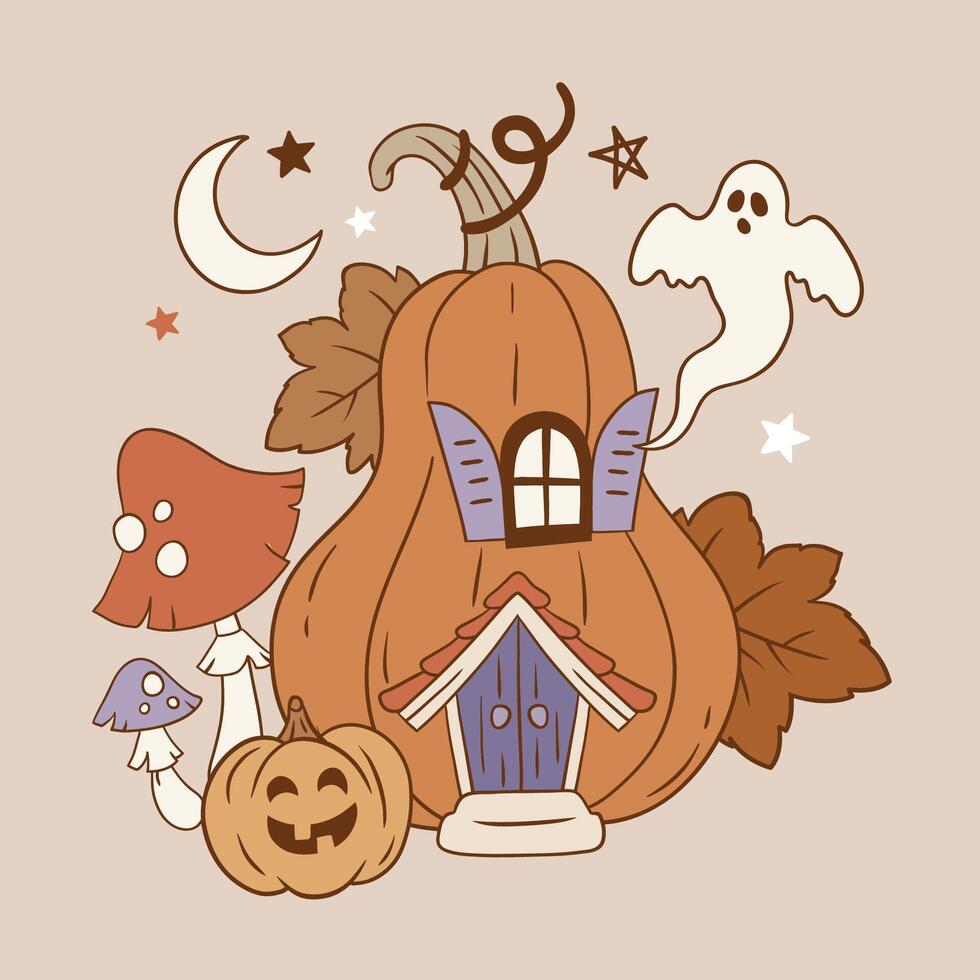 Hand drawn cute Halloween pumpkin house with mushroom and ghost. Perfect for tee shirt logo, greeting card, poster, invitation or nursery print design. EPS 10 file. vector
