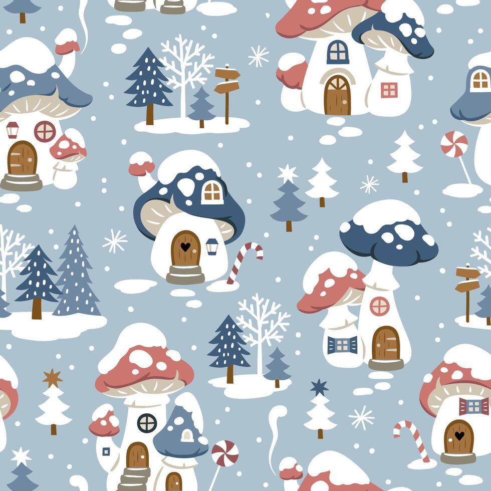 Seamless pattern with cute winter mushroom houses, snowflakes and snowy trees. Hand drawn Christmas wallpaper design. Perfect for textile, wallpaper or nursery print design. vector