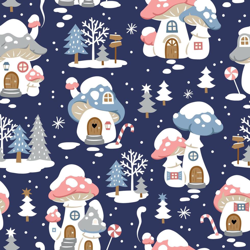 Seamless pattern with cute winter mushroom houses, snowflakes and snowy trees. Hand drawn Christmas wallpaper design. Perfect for textile, wallpaper or nursery print design. vector