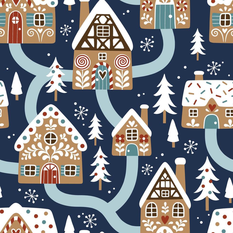 Seamless pattern with hand drawn gingerbread houses and Christmas trees. Snowy landscape with winter village. Perfect for textile, wallpaper or print design. vector