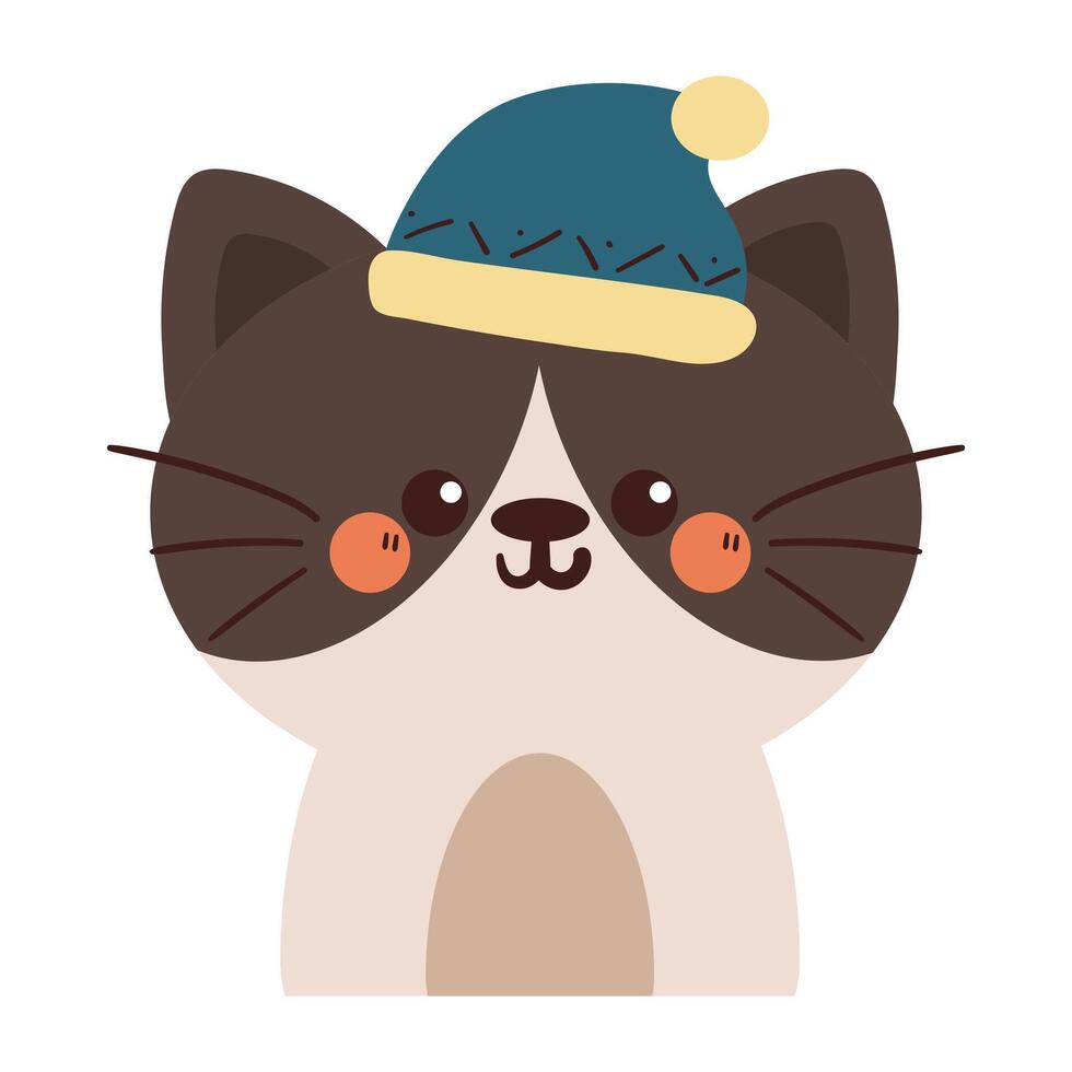 hand drawing cartoon grey cat. cute winter cat drawing, doodle vector