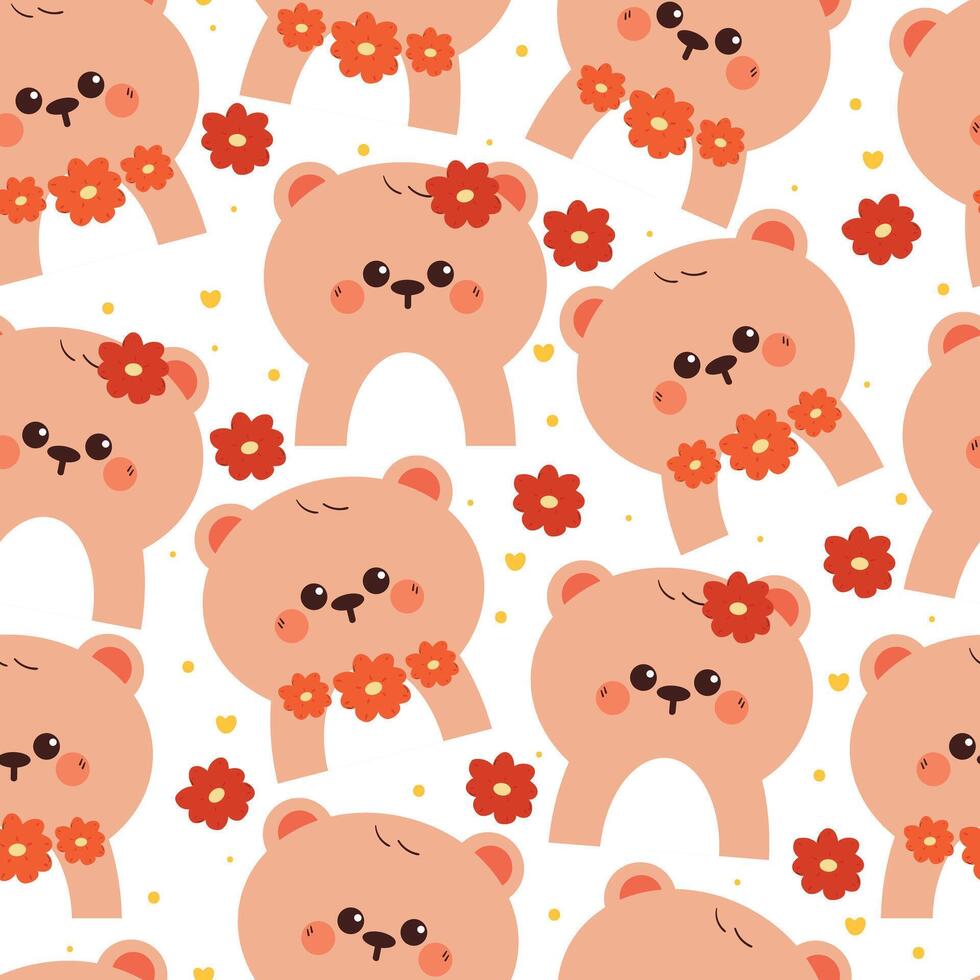 seamless pattern cartoon bear with flower necklace. cute animal wallpaper for textile, gift wrap paper vector