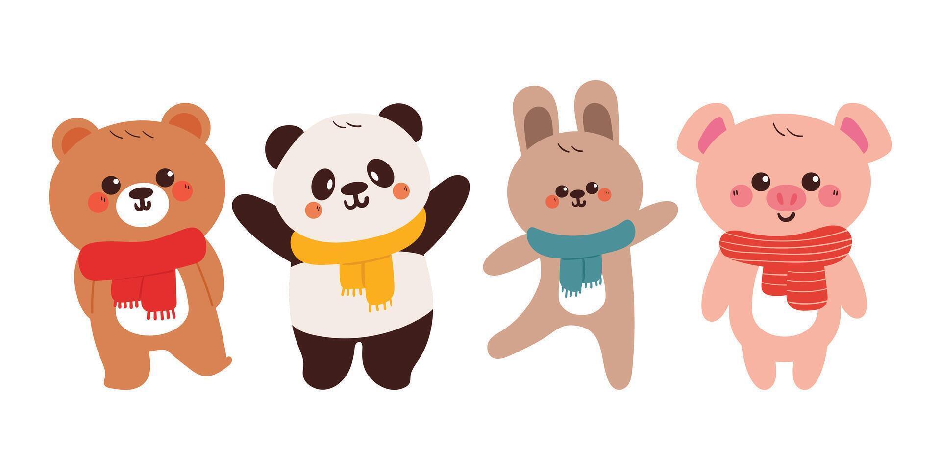 hand drawing cartoon winter animal sticker set. cute animal with scarf and sweater drawing, doodle set vector