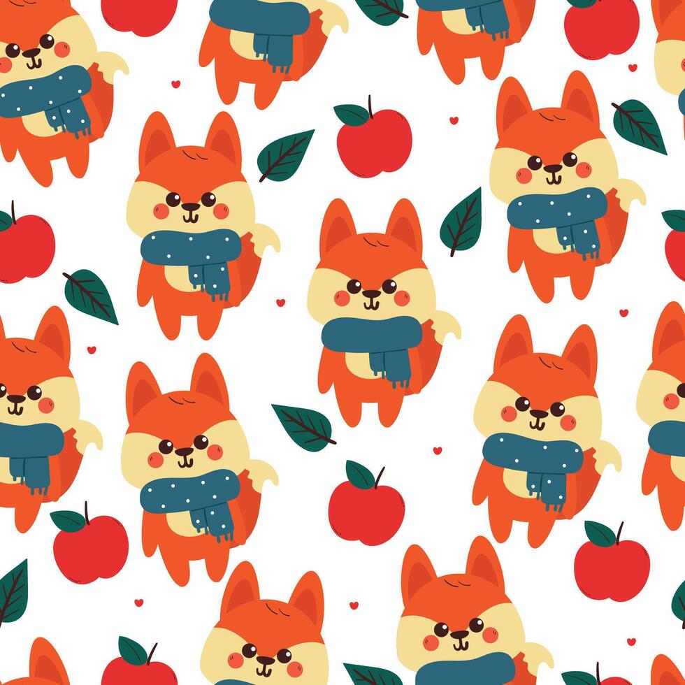 seamless pattern cartoon fox wearing blue scarf with red apple and leaves. cute autumn vibes wallpaper for fabric print, gift wrap paper vector