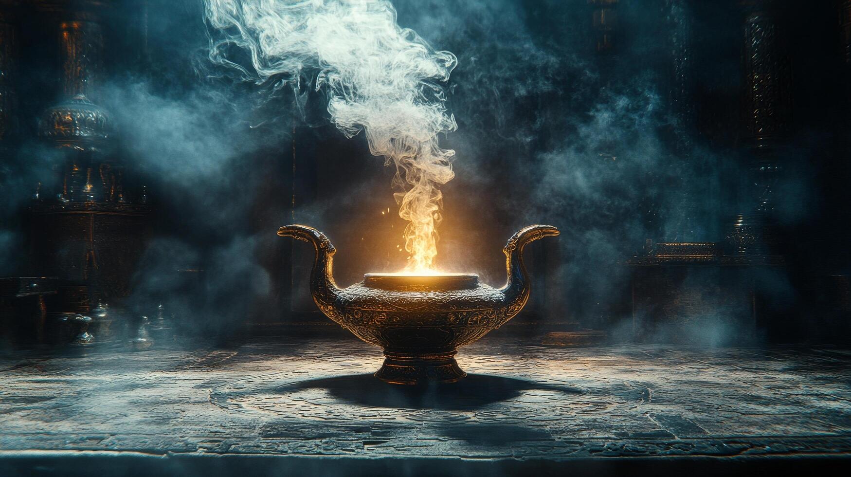 A mystical lamp emitting smoke in a dimly lit ancient setting at night photo