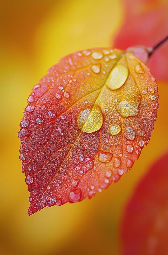 Close up of a vibrant red leaf with droplets in autumn light against a soft background photo