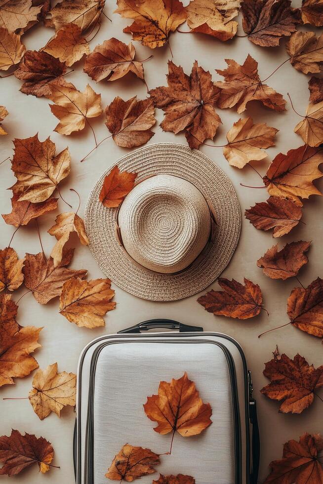 A travel suitcase and straw hat surrounded by colorful autumn leaves on a flat surface photo