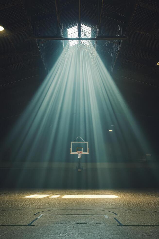Light streaming into an empty basketball court creating a dramatic atmosphere photo