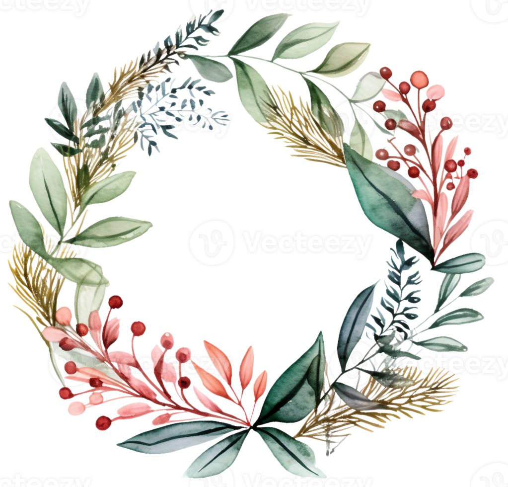 A round Christmas wreath with native plants and flowers. Greenery botanical frame png