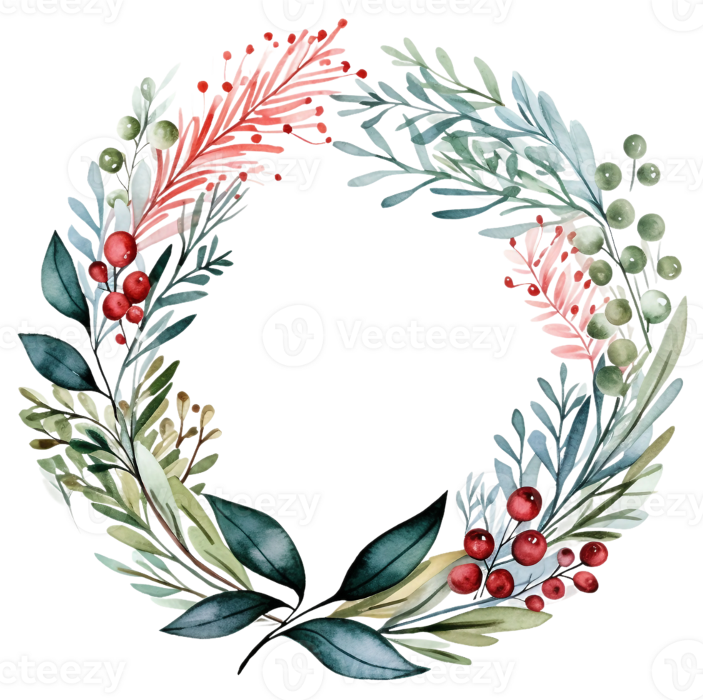 A red and dusty green Christmas wreath on a transparent background. Botanical wreath. png