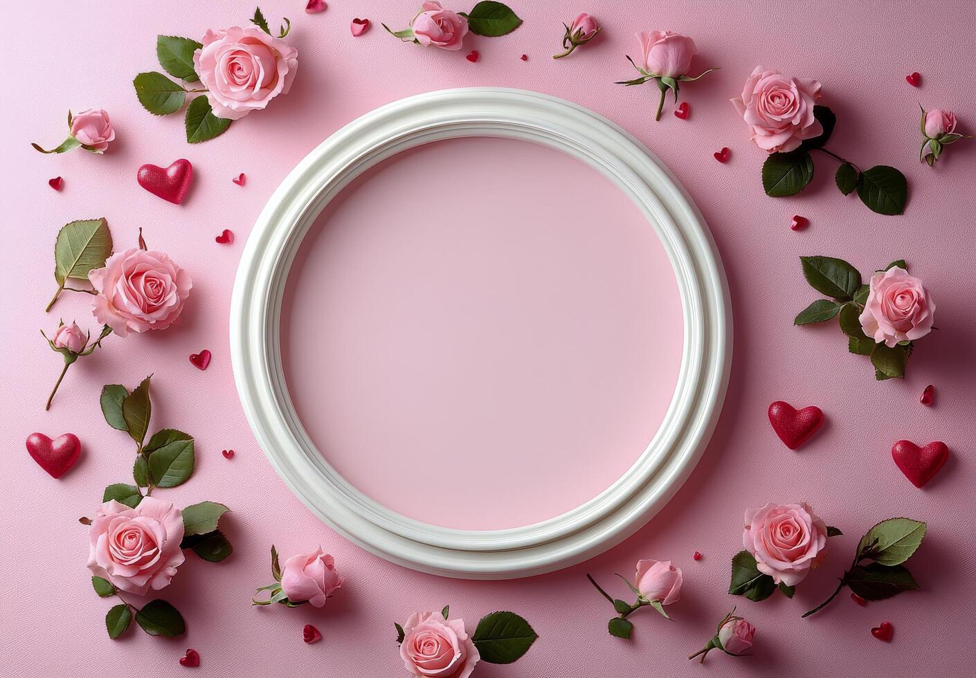 Delicate arrangement of pink roses and decorative hearts on a soft pink background photo
