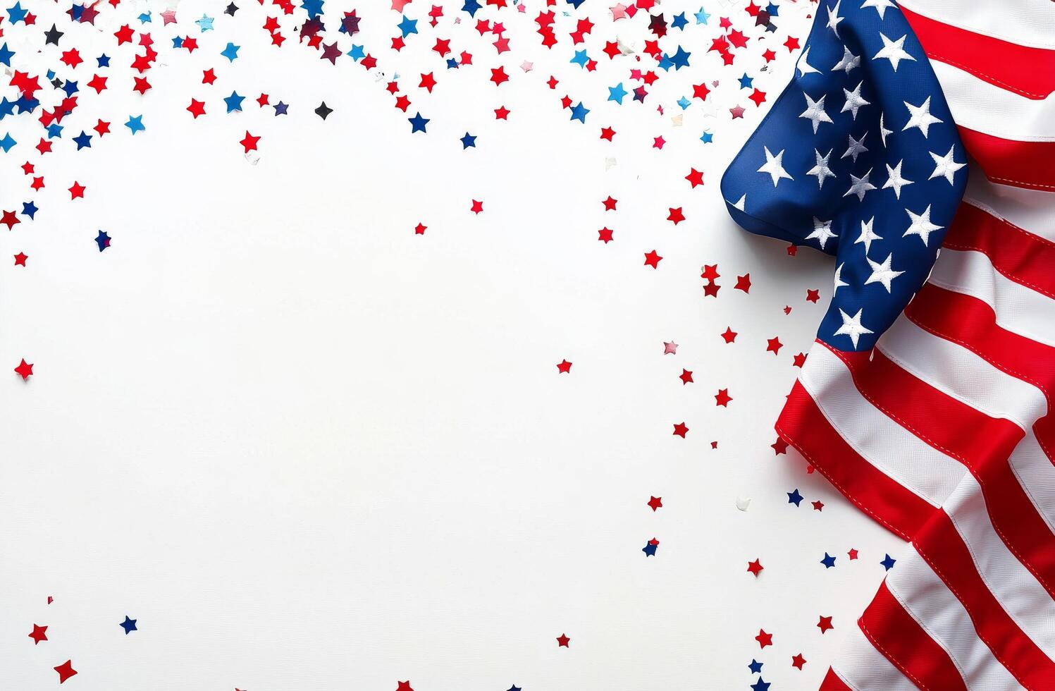 American flag with red white and blue confetti on a white background during a celebration event photo