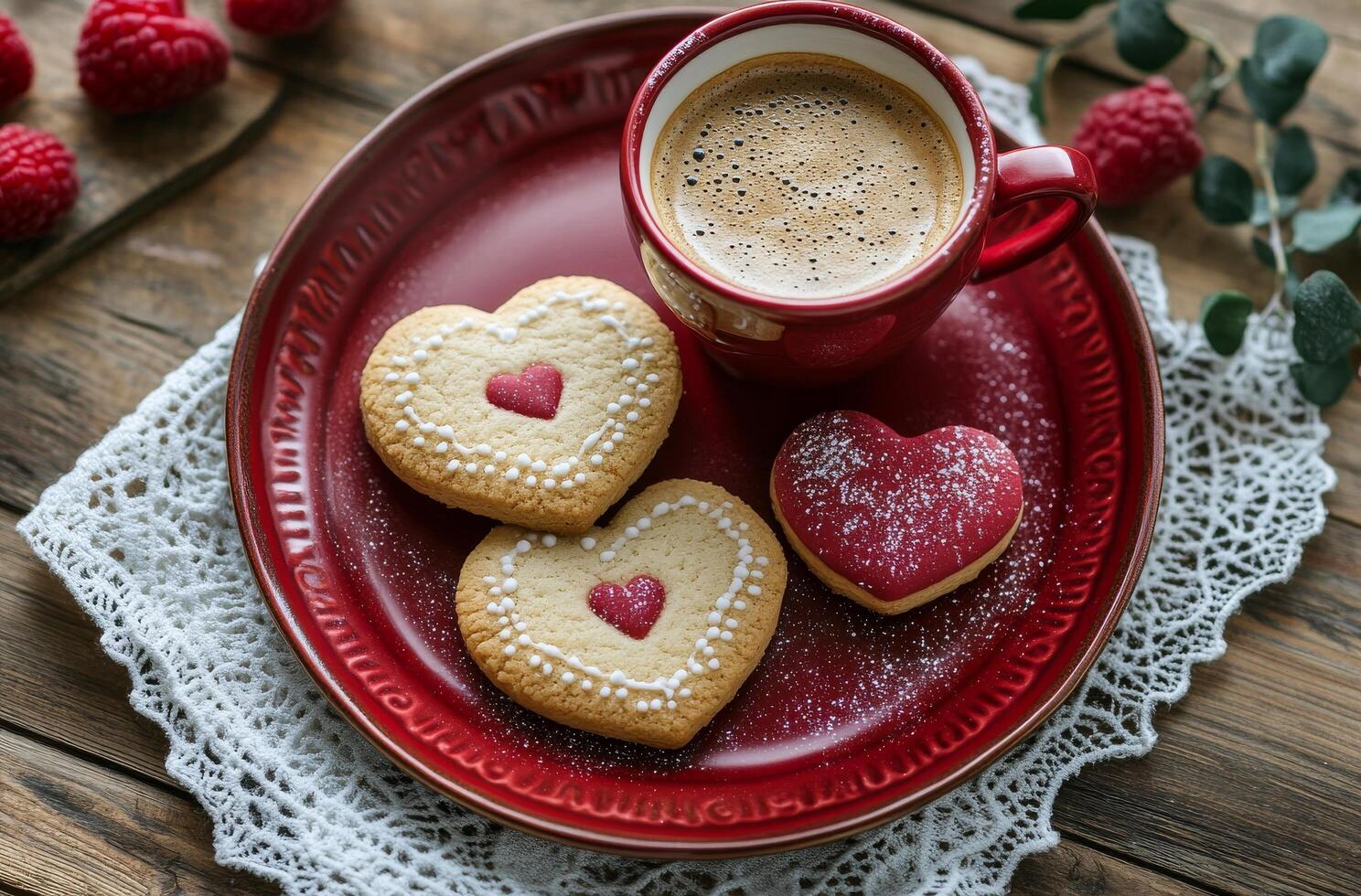 Warm coffee with heart shaped cookies on wooden table setting decorated with lace photo