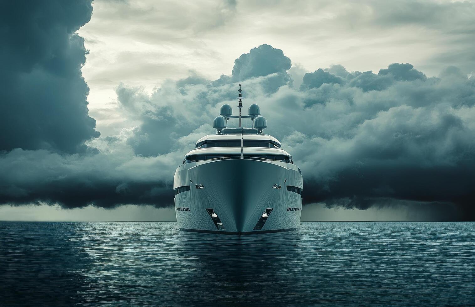 A luxurious yacht sailing in dark waters under a dramatic stormy sky at twilight photo