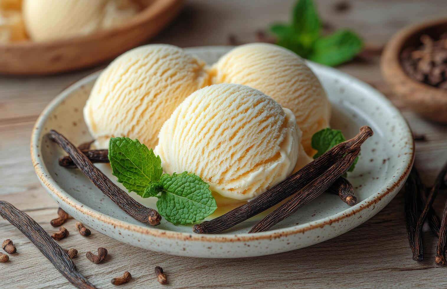 Creamy vanilla ice cream scoops with mint leaves and vanilla pods on a white plate photo