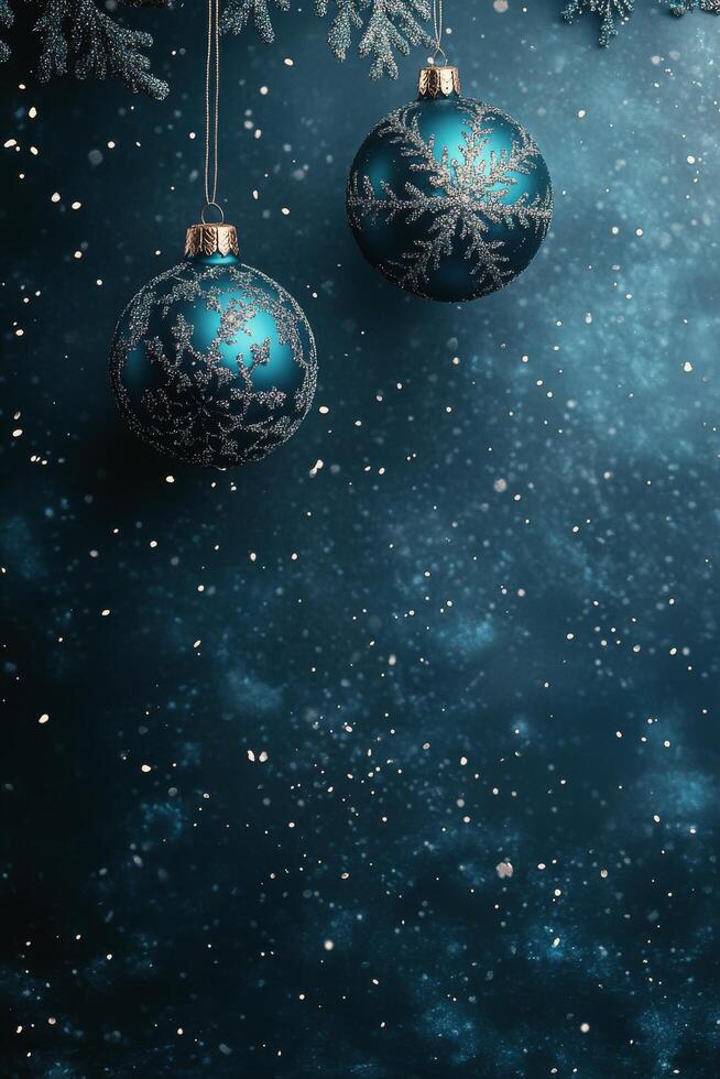 Festive blue and silver ornaments hang amid swirling snowflakes in a winter themed display photo