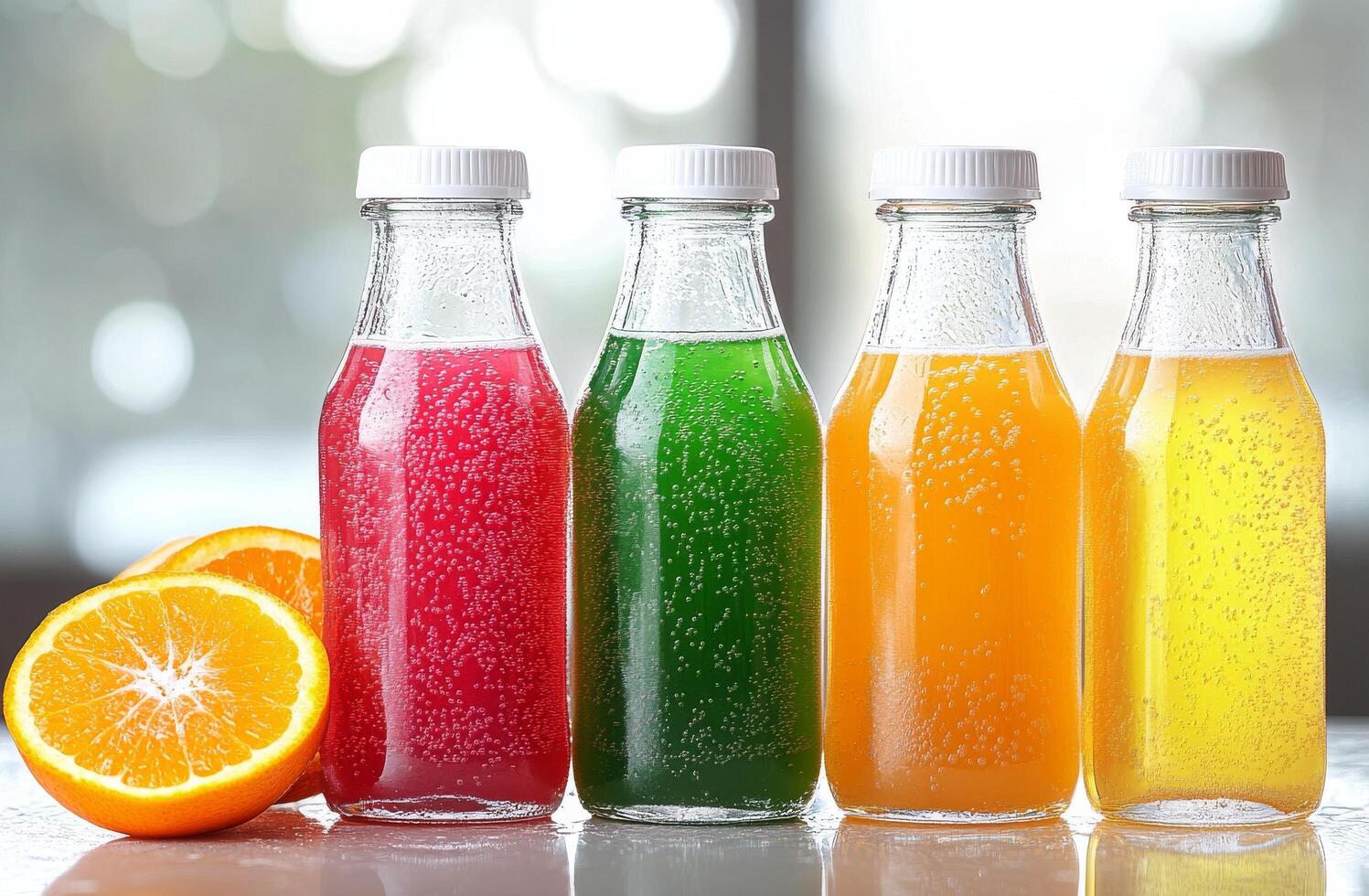 Colorful bottles of fizzy drinks with fresh orange slices on a table indoors photo