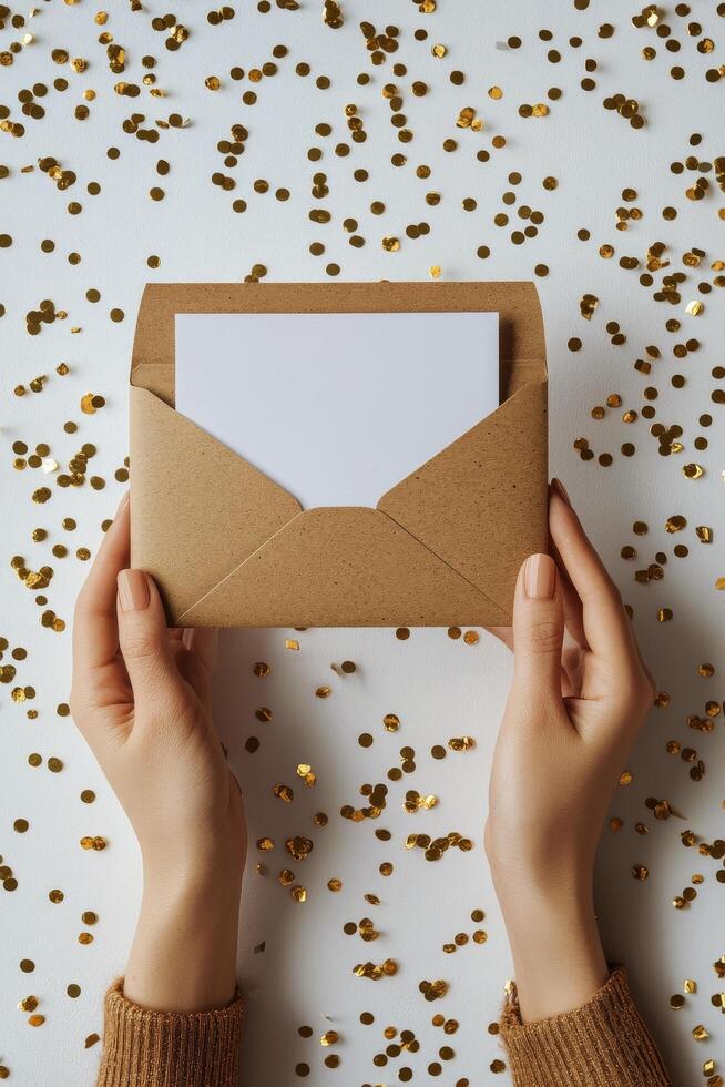 Hands holding a brown envelope with a blank card surrounded by golden confetti photo