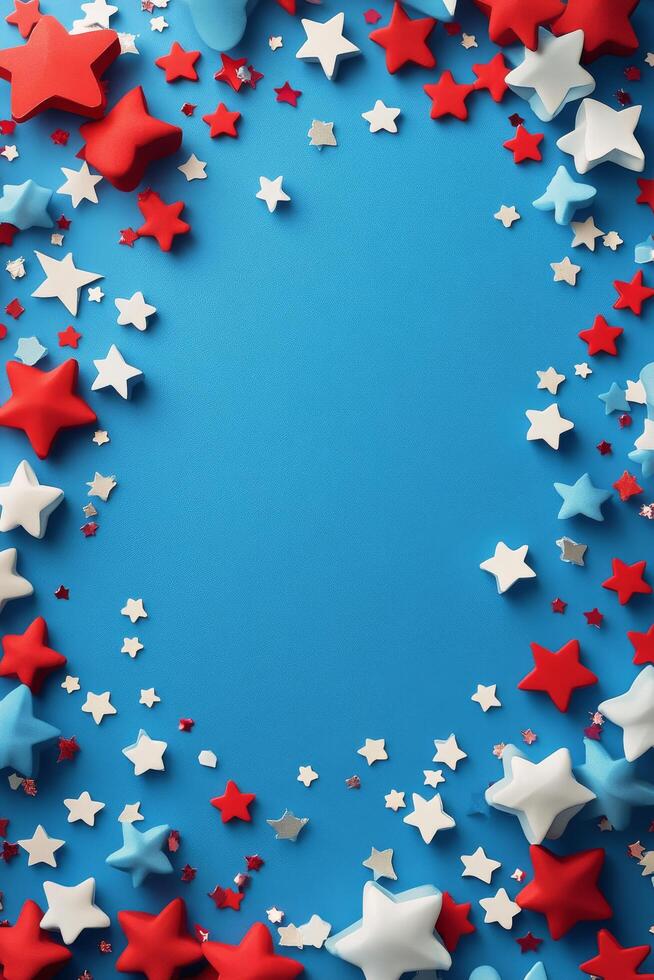Colorful stars and shiny confetti scattered on a vibrant blue background for festive celebrations photo