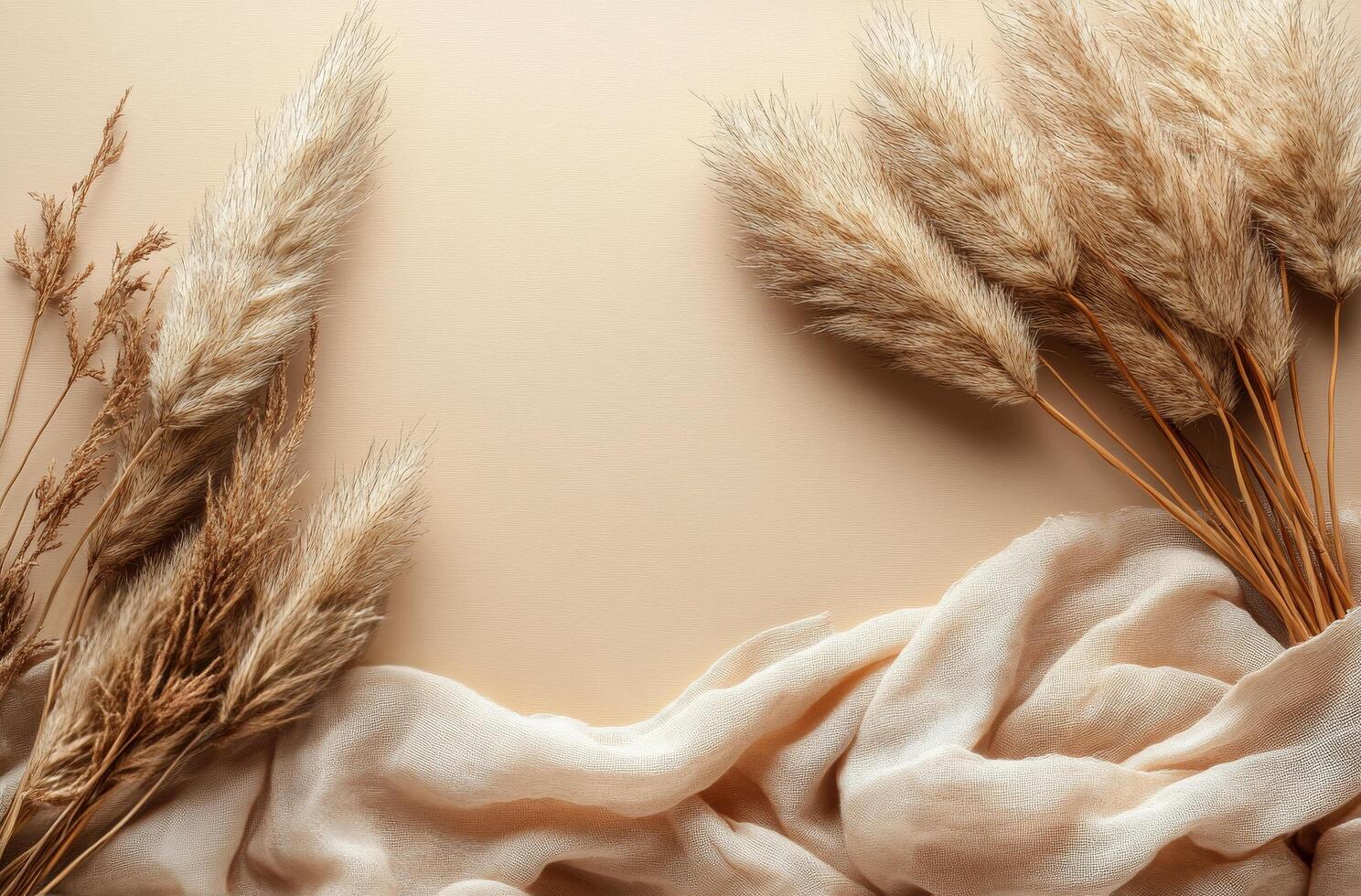 Soft pampas grass arranged elegantly on a light background with flowing fabric in natural tones photo