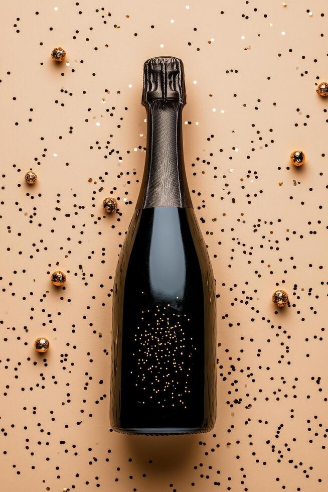 Elegant black champagne bottle surrounded by festive golden confetti on a light background photo