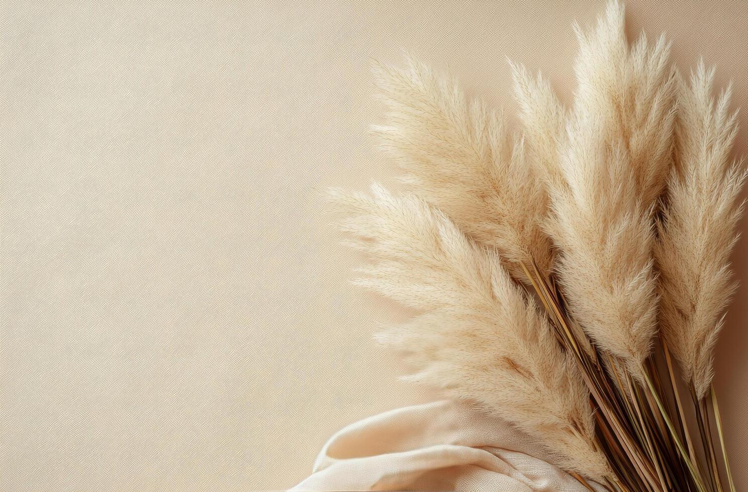 Soft pampas grass arranged elegantly on a light background with flowing fabric in natural tones photo