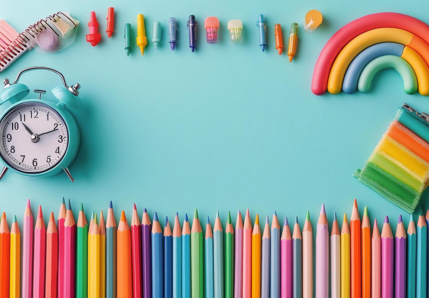 Colorful arrangement of pencils and clock on a turquoise background for creative projects photo