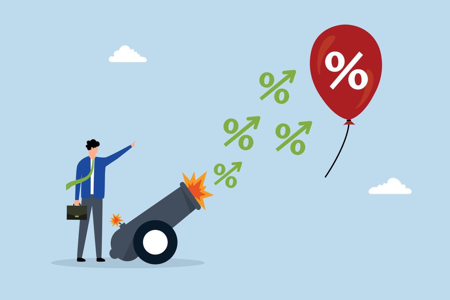 Inflation reduction act by FED, Businessman banker firing interest rate cannon at inflation balloon. vector