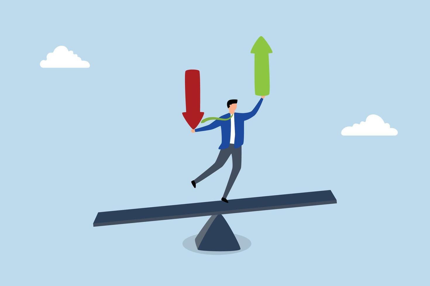 Loss and gain on investment, Businessman investor balancing on a seesaw while holding arrows indicating loss and gain. vector