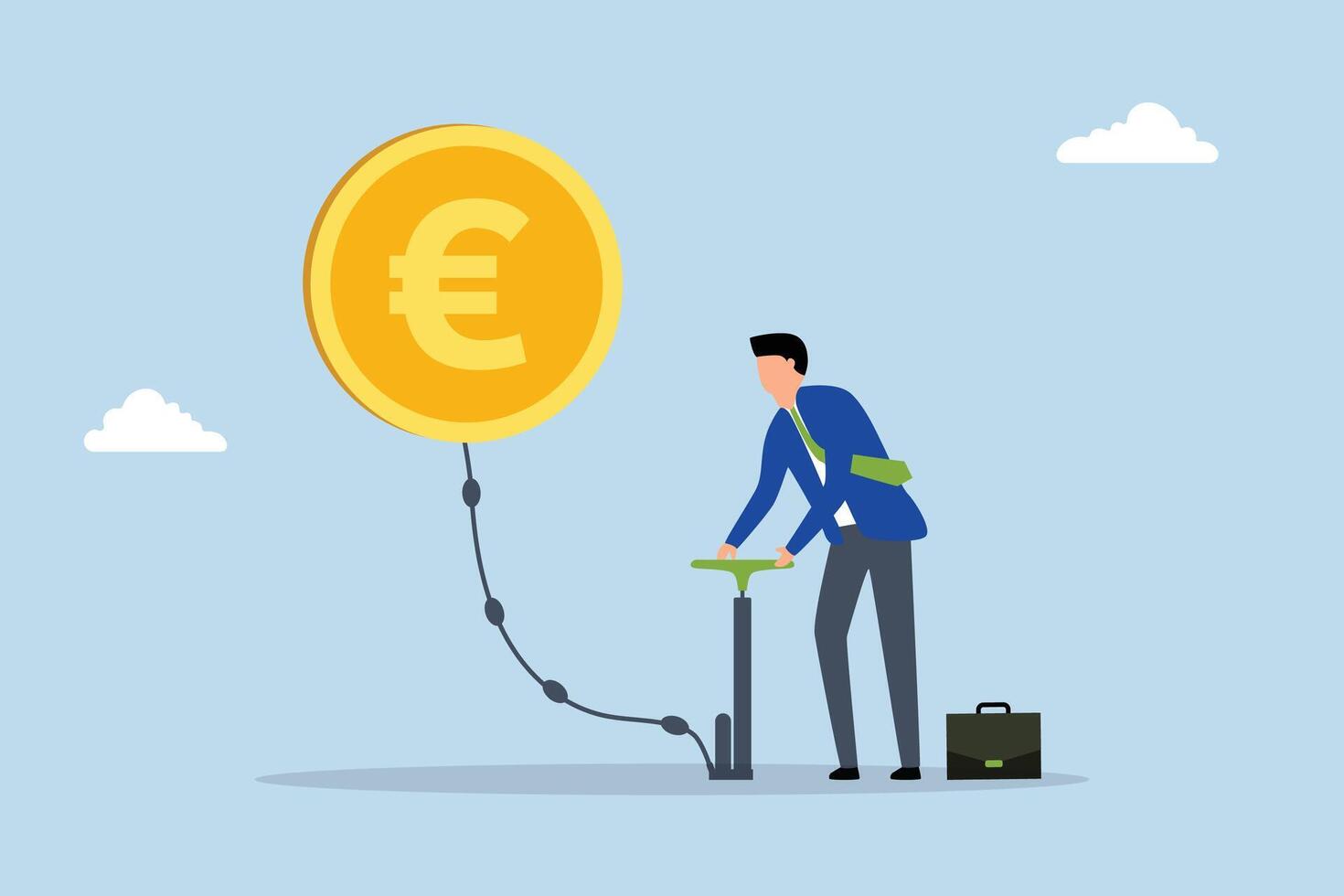 Inflation in Europe causing by energy shortage, Businessperson uses air pump to inflate floating Euro currency coin. vector