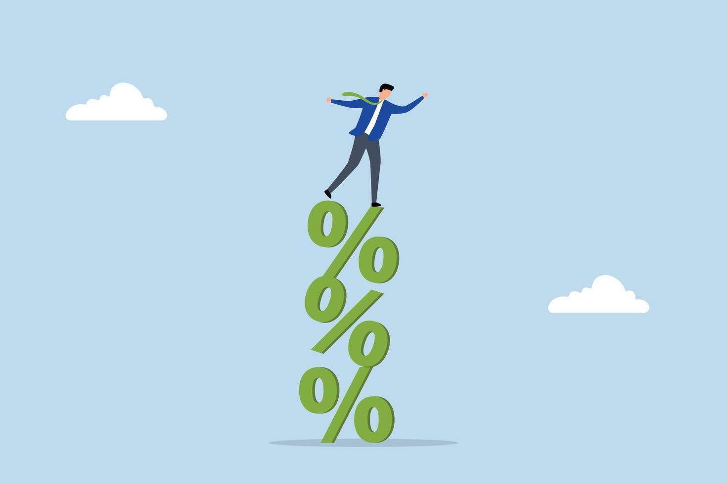 dangerous increase in interest rates is leading to a slowdown in business, businessmen balancing on a precarious stack of percentages. vector