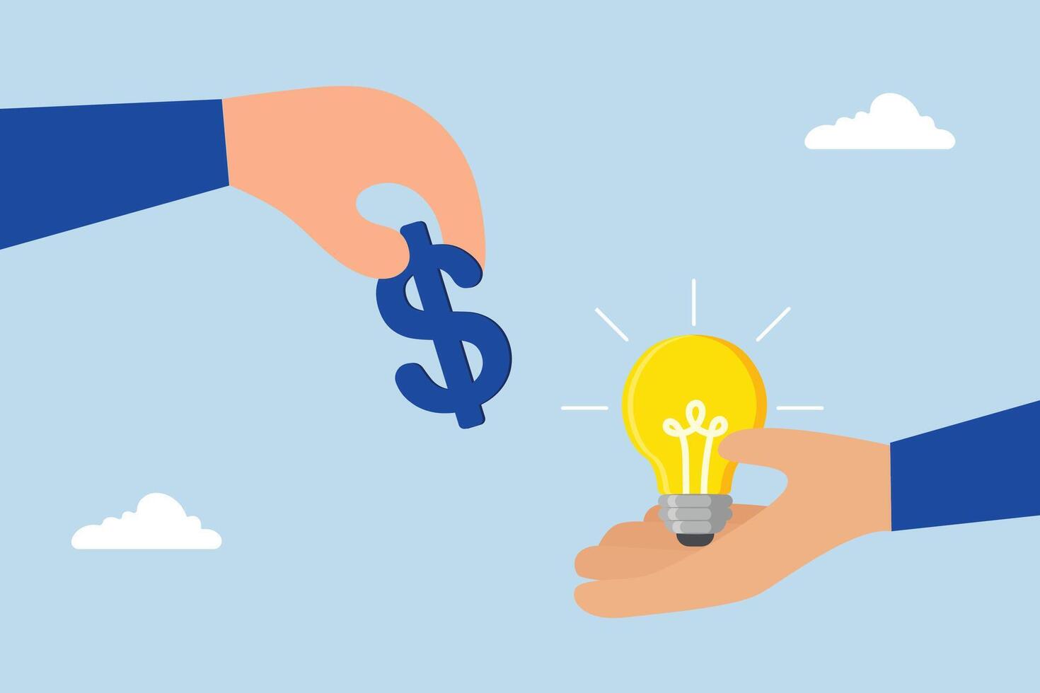Funding startup idea, Businessman hands over a dollar bill to support a bright business idea. vector