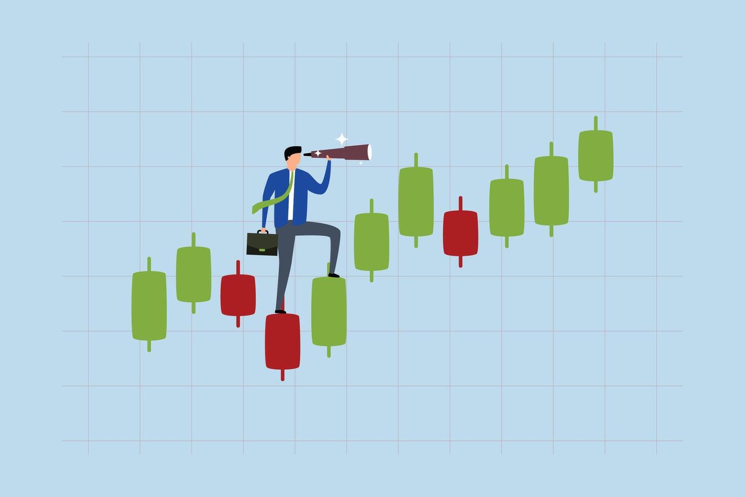 Investment forecast, Businessman investor observing trading candlestick chart through spyglass. vector