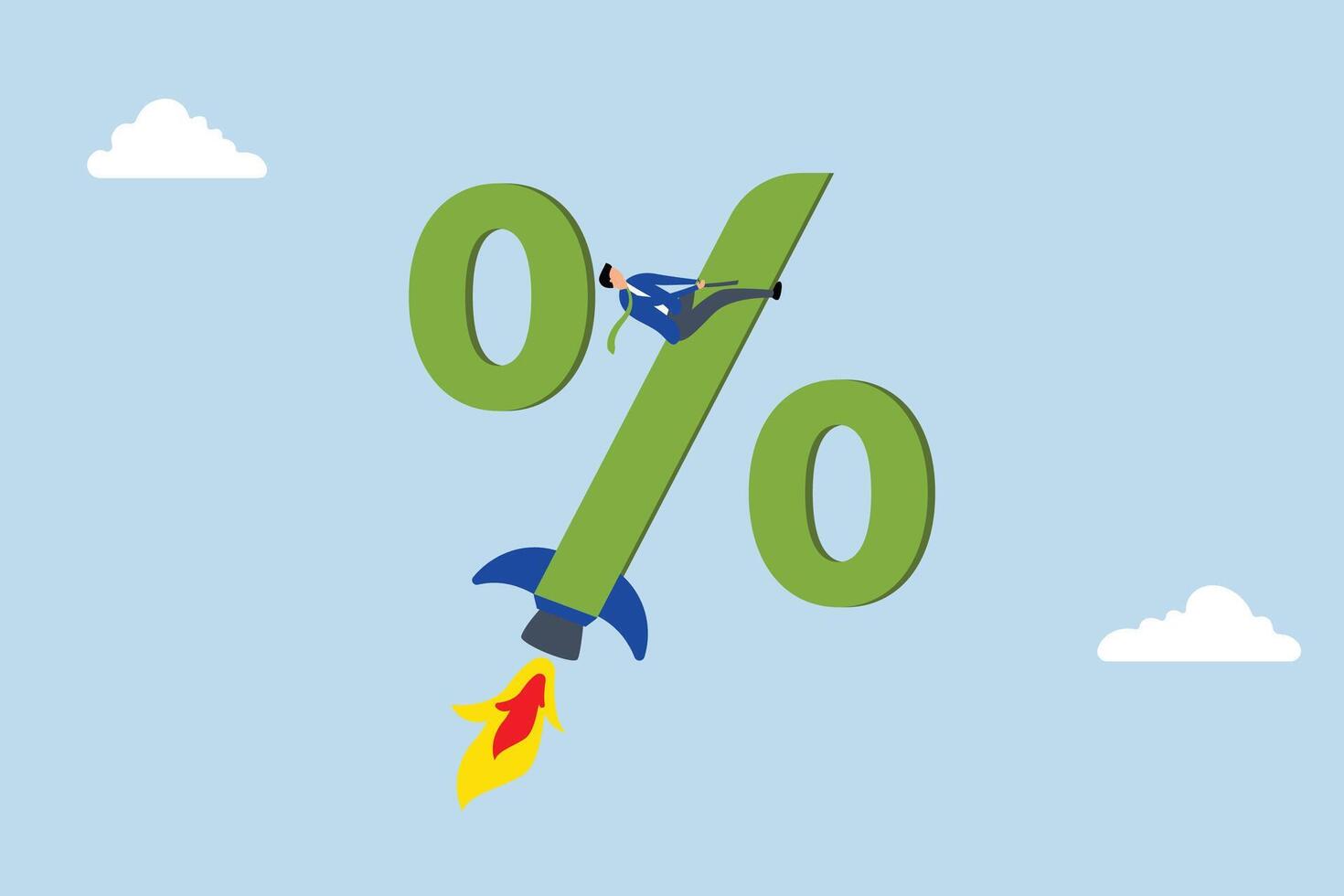 Interest rate rising up, Businessman soaring with rocket booster analogy to illustrate impact of interest rate increase. vector