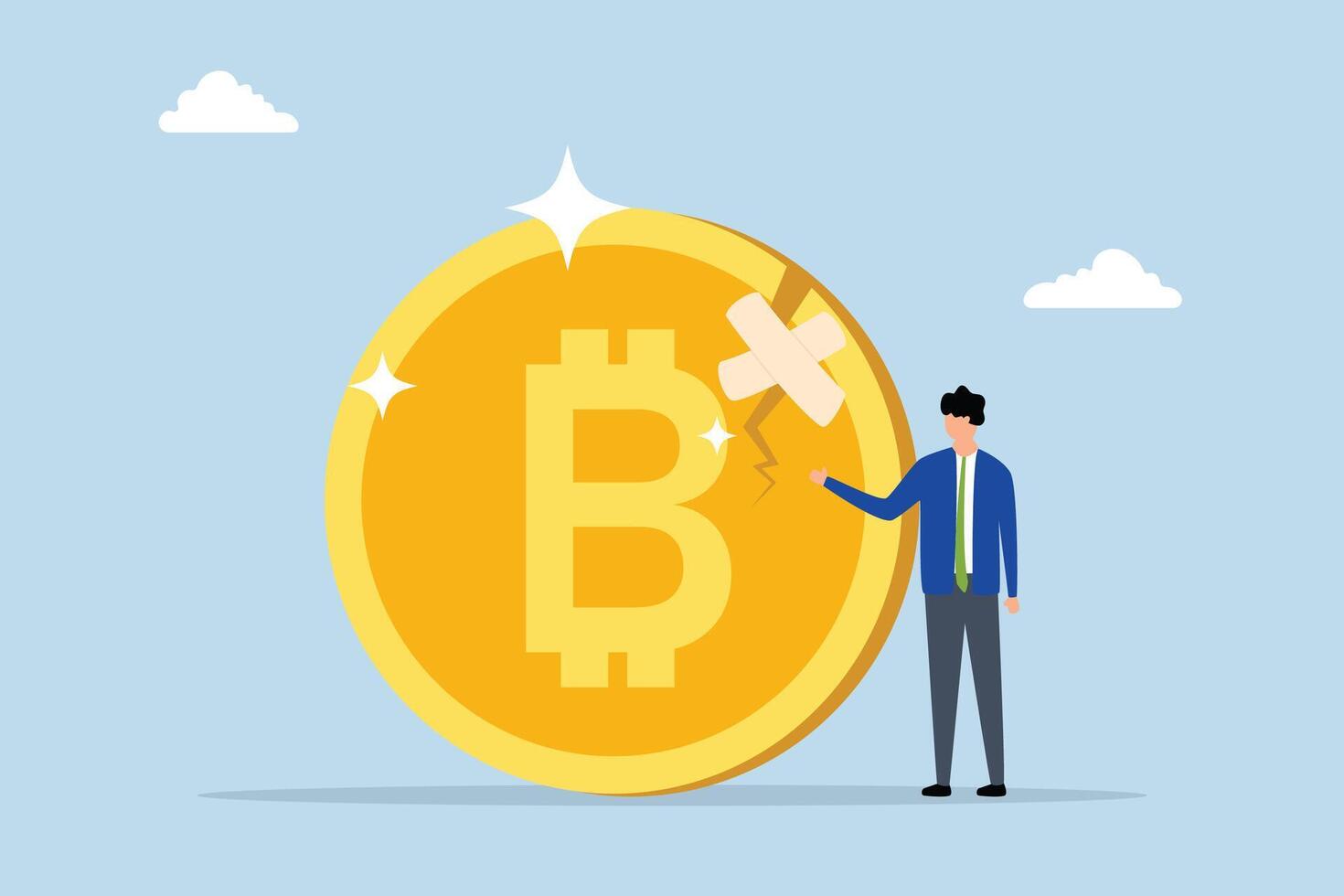 confidence businessman investor or trader with damaged cracked down Bitcoin bandage repair. vector