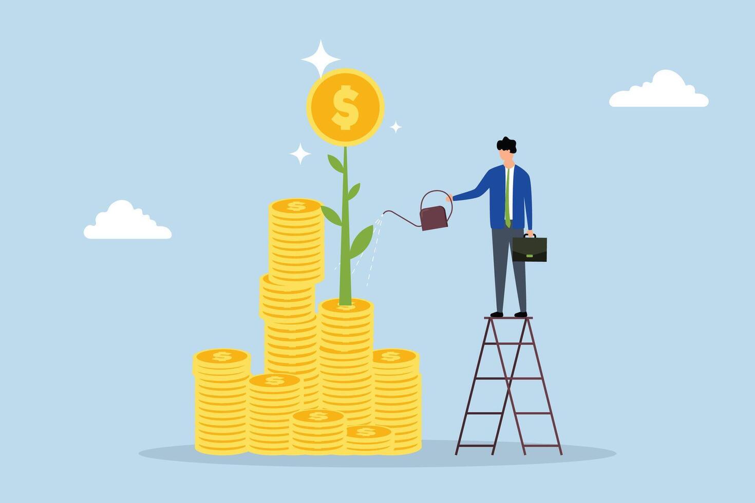 growing investment, Entrepreneurial investor watering pile of dollar coins to cultivate money plant. vector