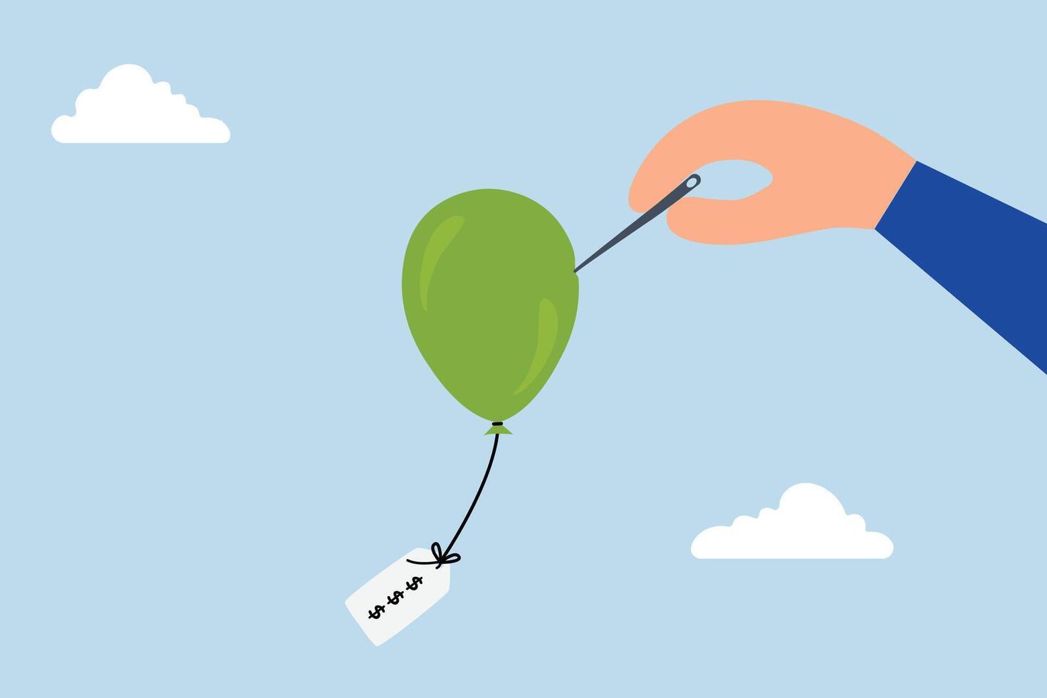 Reduce inflation by increase interest rate, Entrepreneur using a needle to pop a balloon representing inflation with a price tag attached. vector