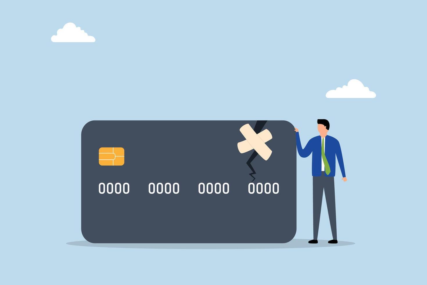 Credit repair, Confident businessman stands with credit card fixed and repaired wrapped in a bandage. vector