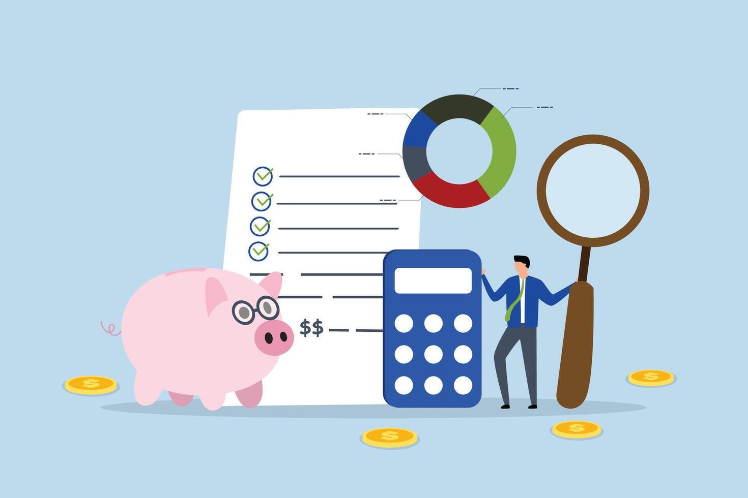 income management, Entrepreneur using magnifying glass to strategize budget calculations with a calculator and graph. vector