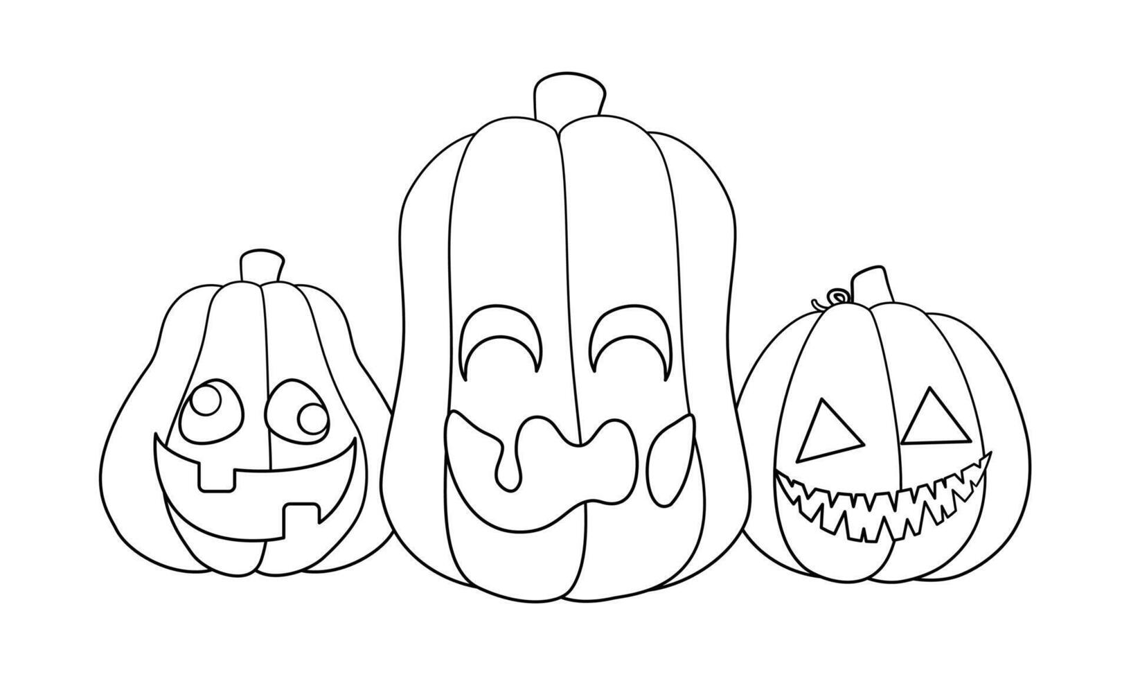 Jack O Lanterns Outline Line Art. Easy Coloring Book Page for Kids. Cute Funny Spooky Halloween Pumpkins. vector