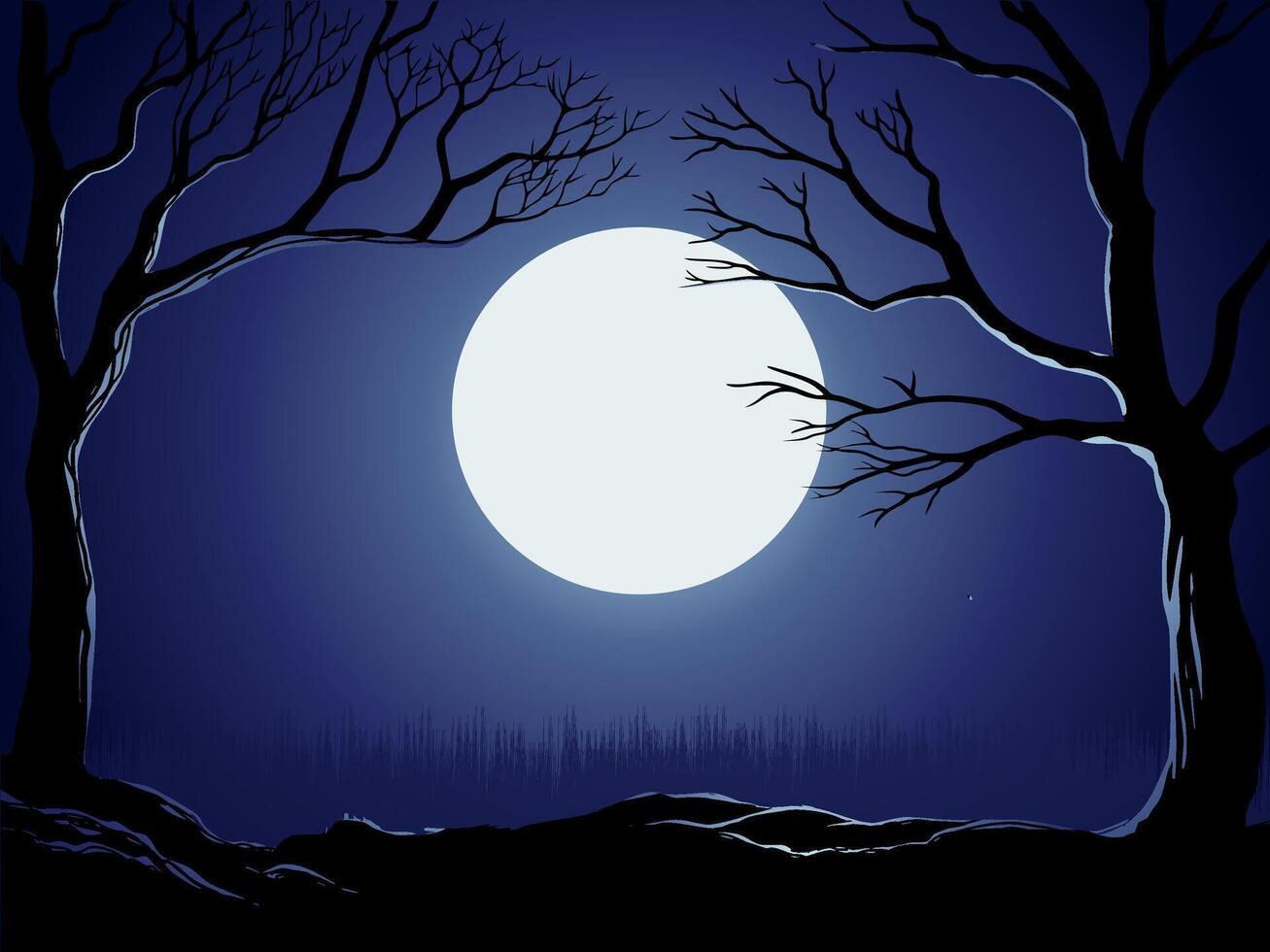 Night illustration with bare trees and full moon vector