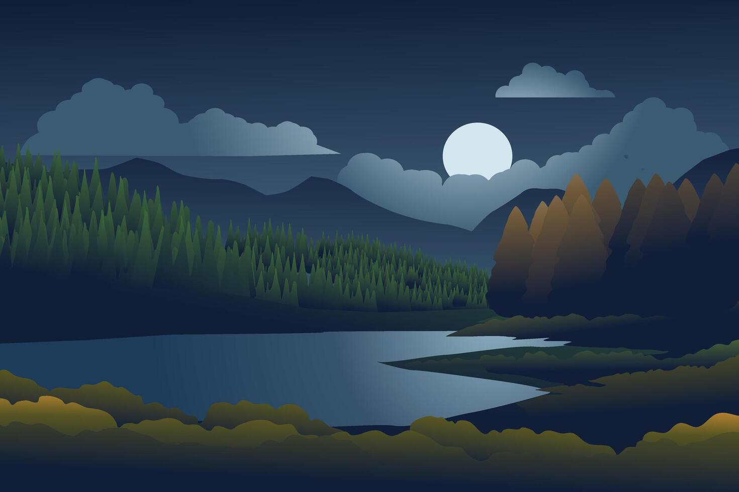 Flat night landscape with forest and river vector