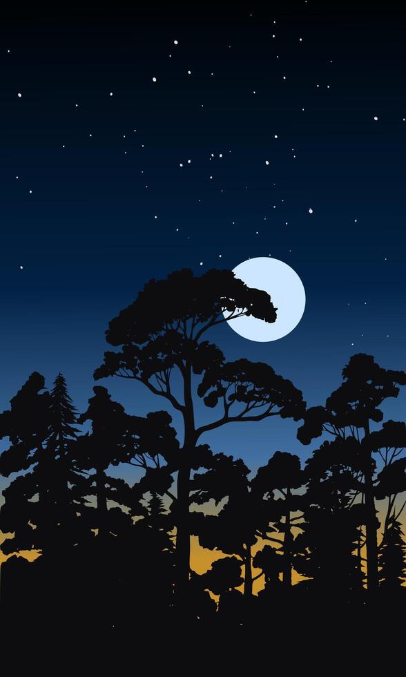Forest night illustration with full moon and stats vector