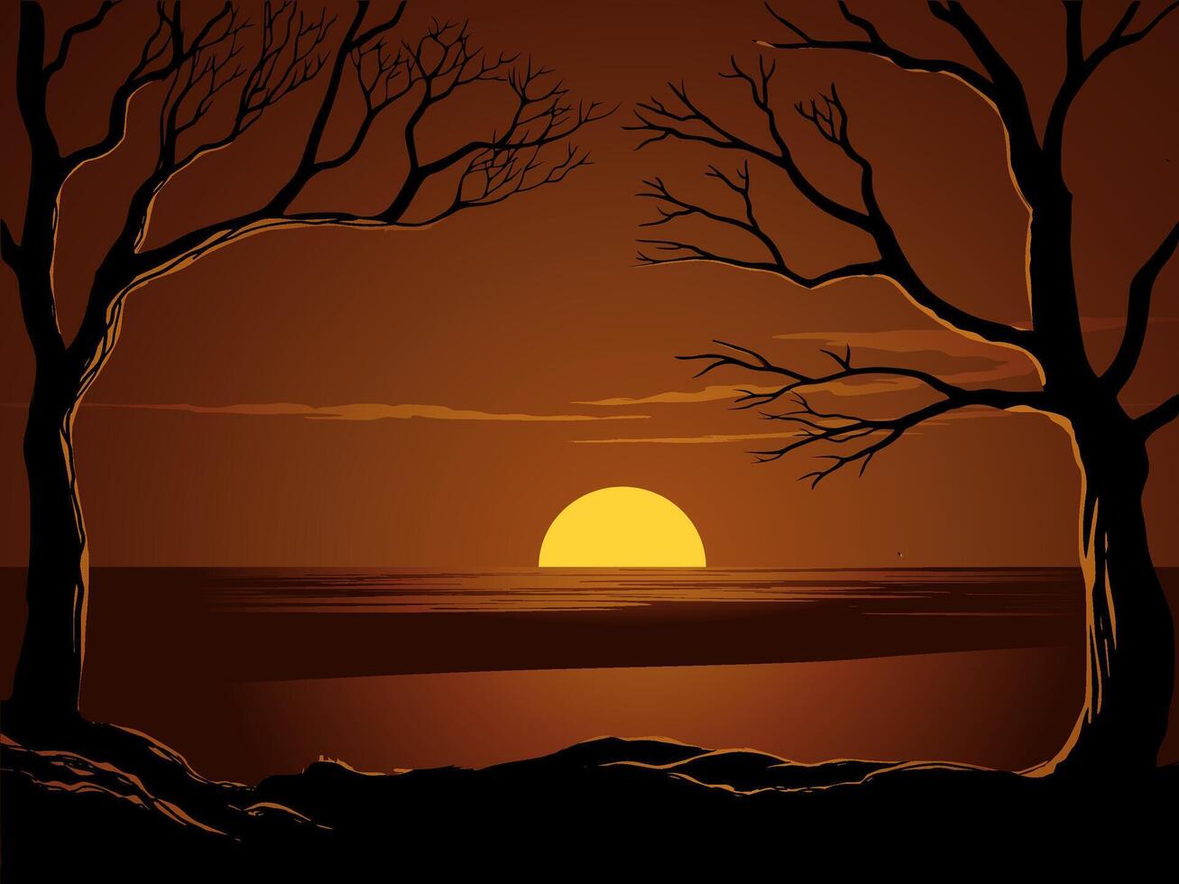 Beach sunset view with bare trees vector